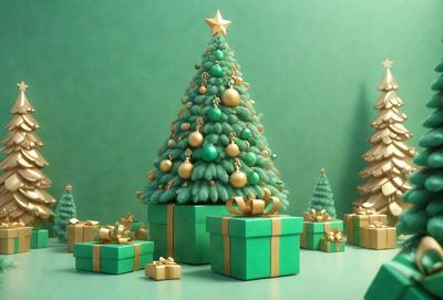 The primary subject of the image is a green Christmas tree. The tree is adorned with gold and green ornaments, creating a festive and colorful appearance. The setting is a green background, which complements the tree's color and adds to the overall holiday atmosphere. The visual style of the image is a digital art, as it appears to be a well-crafted and detailed illustration. The colors and mood of the image are predominantly green and festive, with the gold ornaments adding a touch of